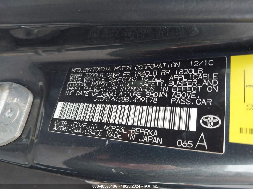 2011 Toyota Yaris VIN: JTDBT4K38B1409178 Lot: 40593196