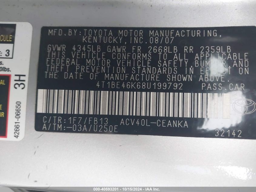 2008 Toyota Camry Le VIN: 4T1BE46K68U199792 Lot: 40593201