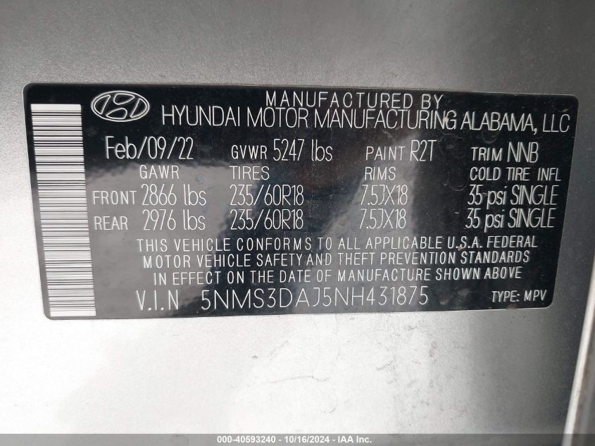 2022 Hyundai Santa Fe Sel VIN: 5NMS3DAJ5NH431875 Lot: 40593240