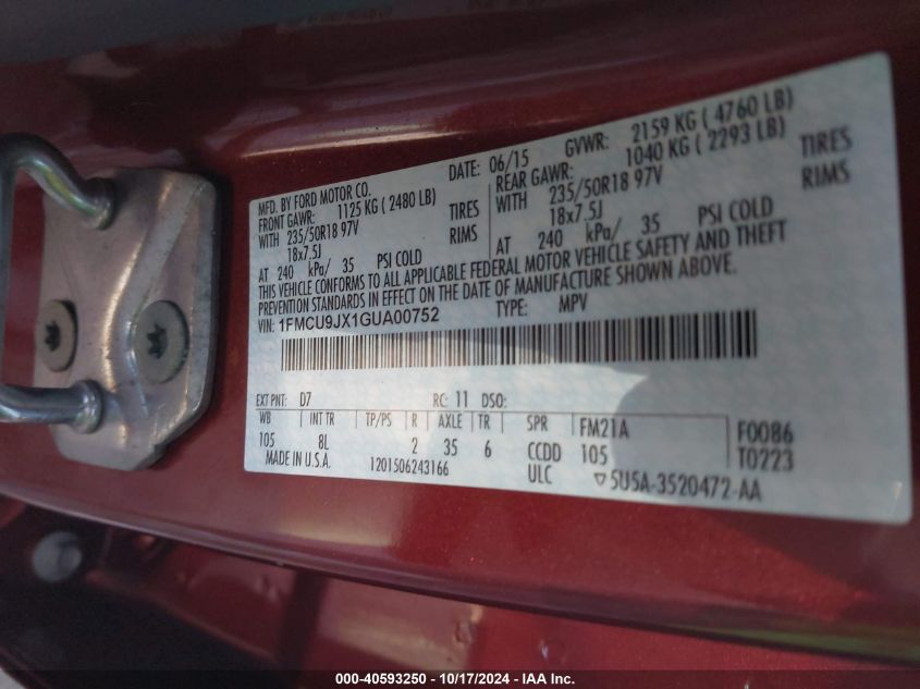 2016 Ford Escape Titanium VIN: 1FMCU9JX1GUA00752 Lot: 40593250