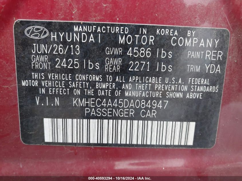 2013 Hyundai Sonata Hybrid Limited VIN: KMHEC4A45DA084947 Lot: 40593294