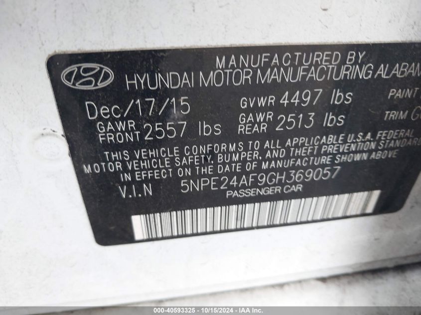 2016 Hyundai Sonata Se VIN: 5NPE24AF9GH369057 Lot: 40593325