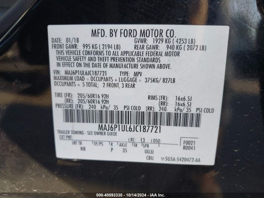 2018 Ford Ecosport Se VIN: MAJ6P1UL6JC187721 Lot: 40593330