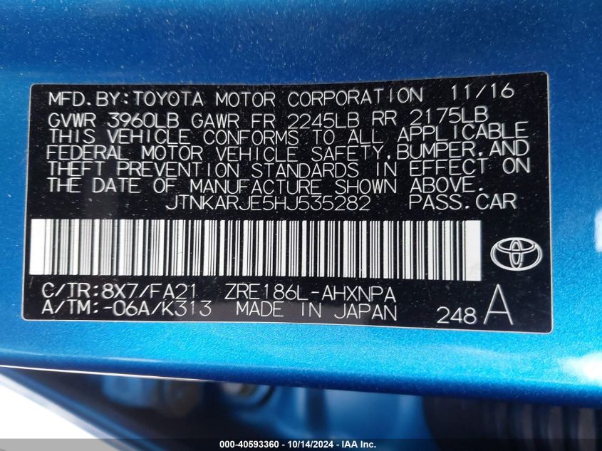 2017 Toyota Corolla Im VIN: JTNKARJE5HJ535282 Lot: 40593360