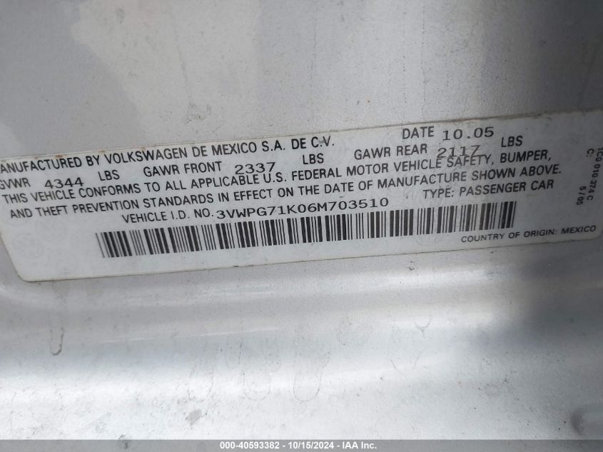 2006 Volkswagen Jetta Value Edition VIN: 3VWPG71K06M703510 Lot: 40593382