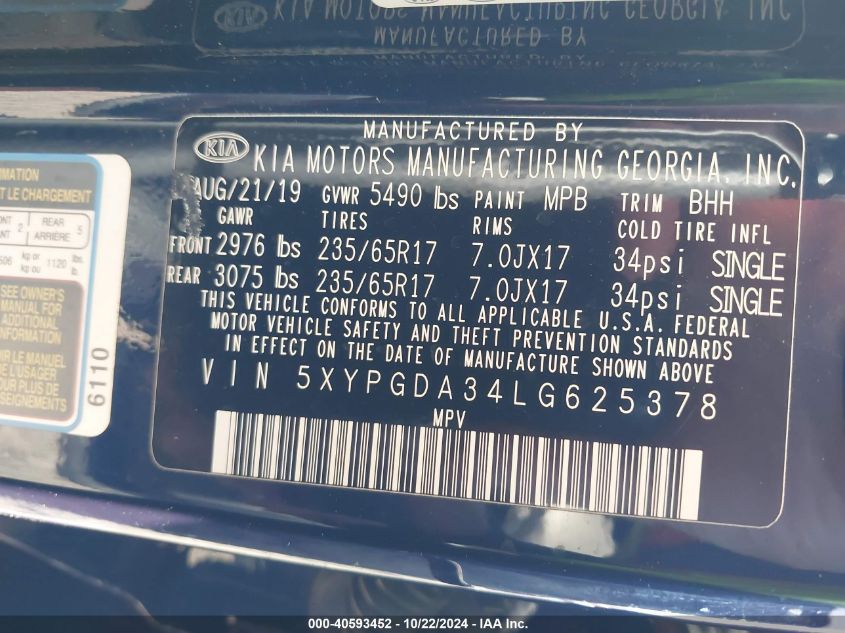 VIN 5XYPGDA34LG625378 2020 KIA SORENTO 2.4L LX