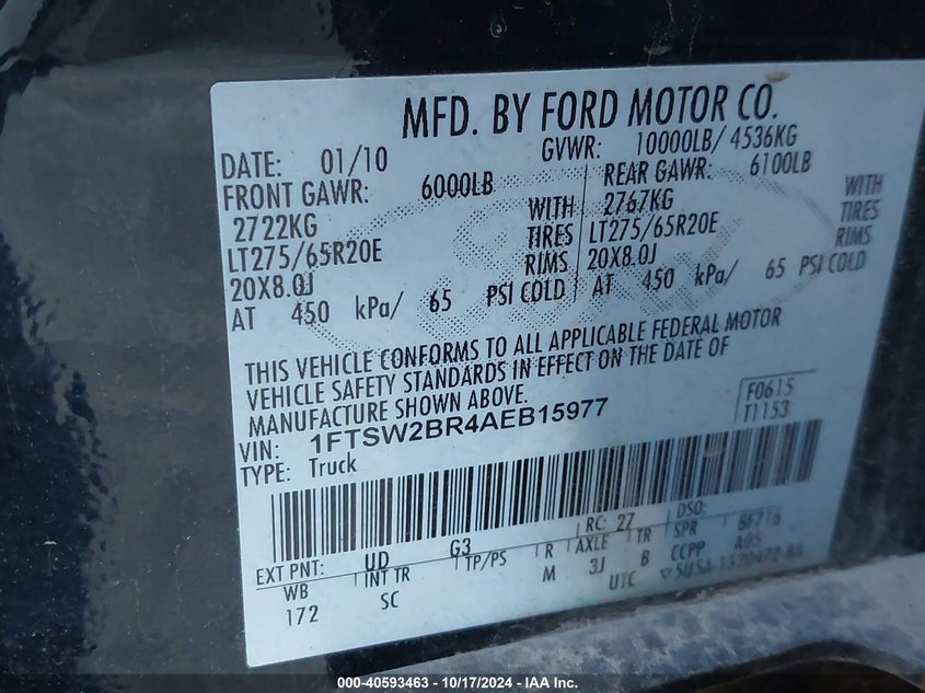 2010 Ford F-250 King Ranch VIN: 1FTSW2BR4AEB15977 Lot: 40593463