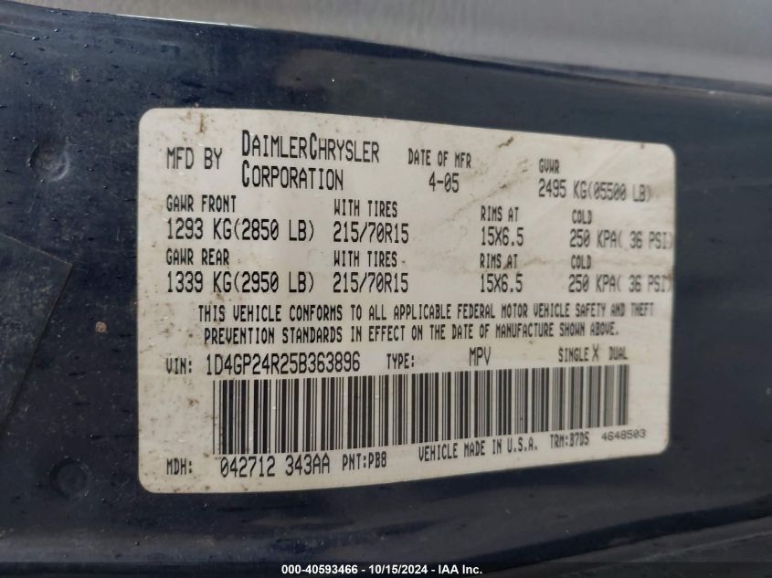 2005 Dodge Grand Caravan Se VIN: 1D4GP24R25B363896 Lot: 40593466