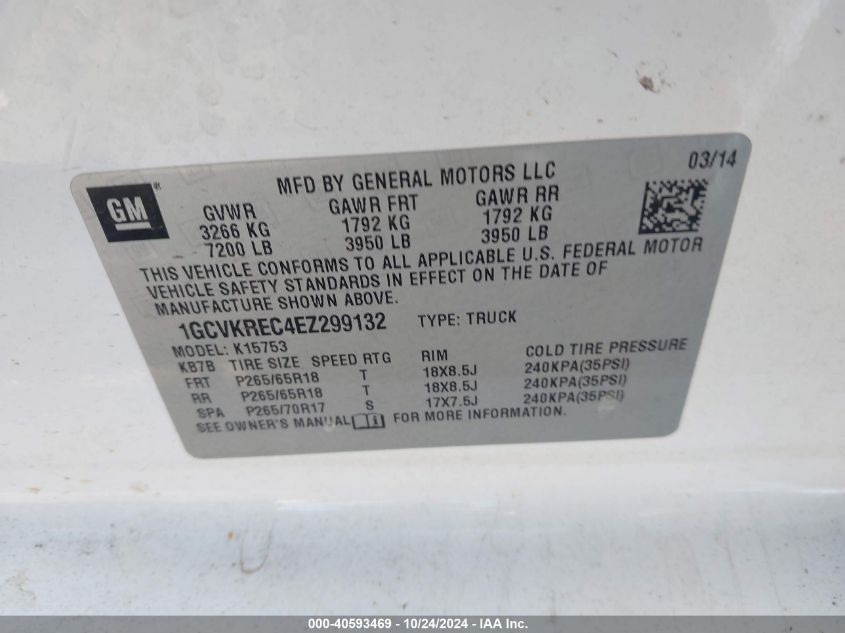 2014 Chevrolet Silverado 1500 2Lt VIN: 1GCVKREC4EZ299123 Lot: 40593469