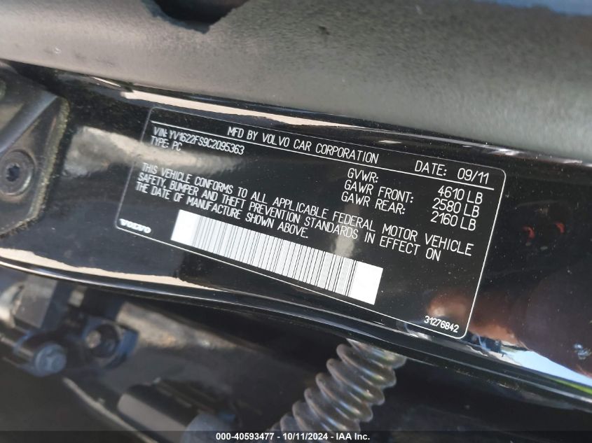 2012 Volvo S60 T5 VIN: YV1622FS9C2095363 Lot: 40593477