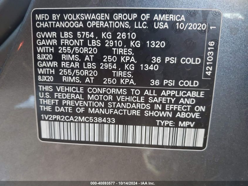 2021 Volkswagen Atlas Se VIN: 1V2PR2CA2MC538433 Lot: 40593577