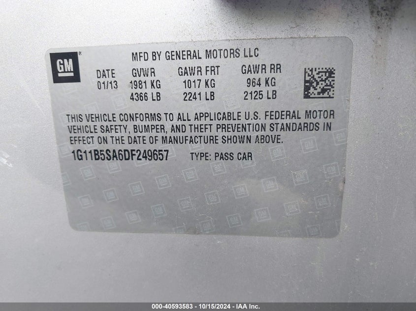 2013 Chevrolet Malibu 1Ls VIN: 1G11B5SA6DF249657 Lot: 40593583
