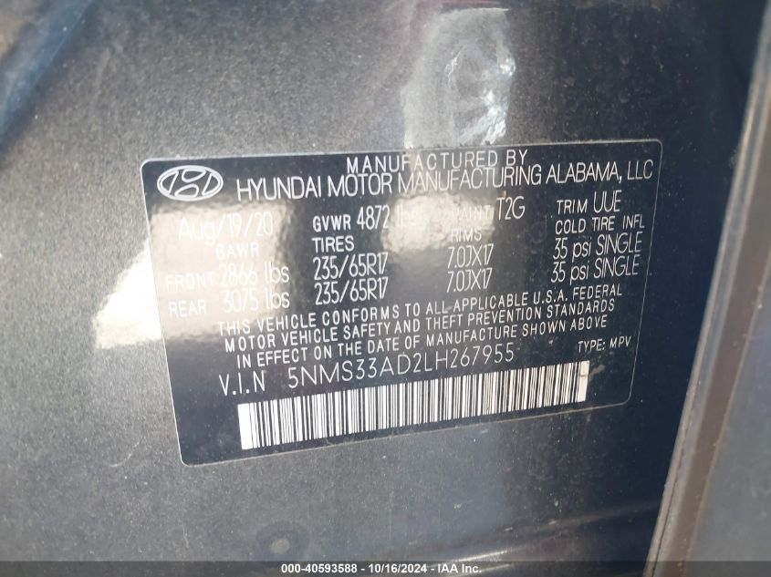 2020 Hyundai Santa Fe Sel VIN: 5NMS33AD2LH267955 Lot: 40593588