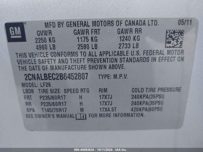 2CNALBEC2B6452807 2011 Chevrolet Equinox Ls