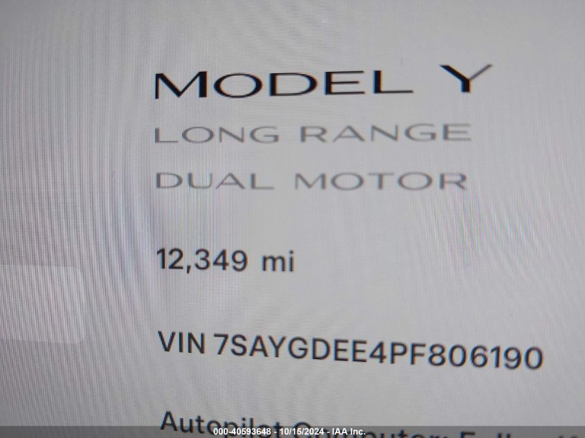 2023 Tesla Model Y Awd/Long Range Dual Motor All-Wheel Drive VIN: 7SAYGDEE4PF806190 Lot: 40593648