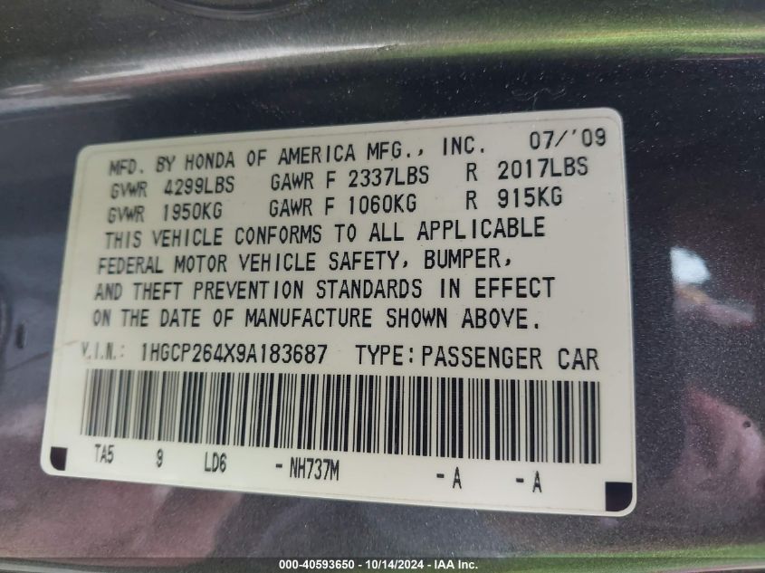 2009 Honda Accord 2.4 Lx-P VIN: 1HGCP264X9A183687 Lot: 40593650