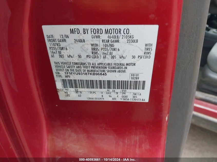 2007 Ford Escape Xlt VIN: 1FMYU93187KB96845 Lot: 40593661