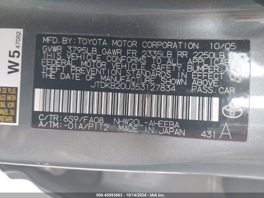 2005 Toyota Prius VIN: JTDKB20U353127834 Lot: 40593663