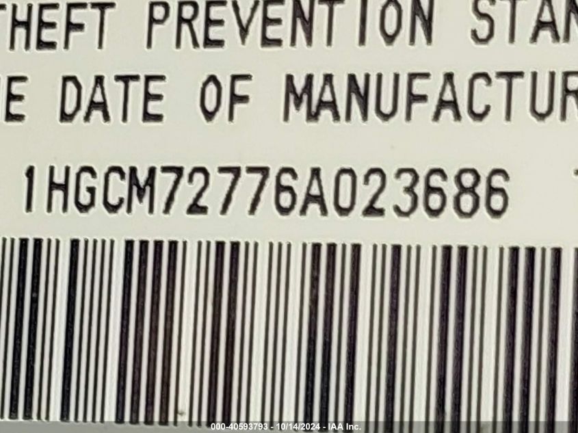 2006 Honda Accord 2.4 Ex VIN: 1HGCM72776A023686 Lot: 40593793