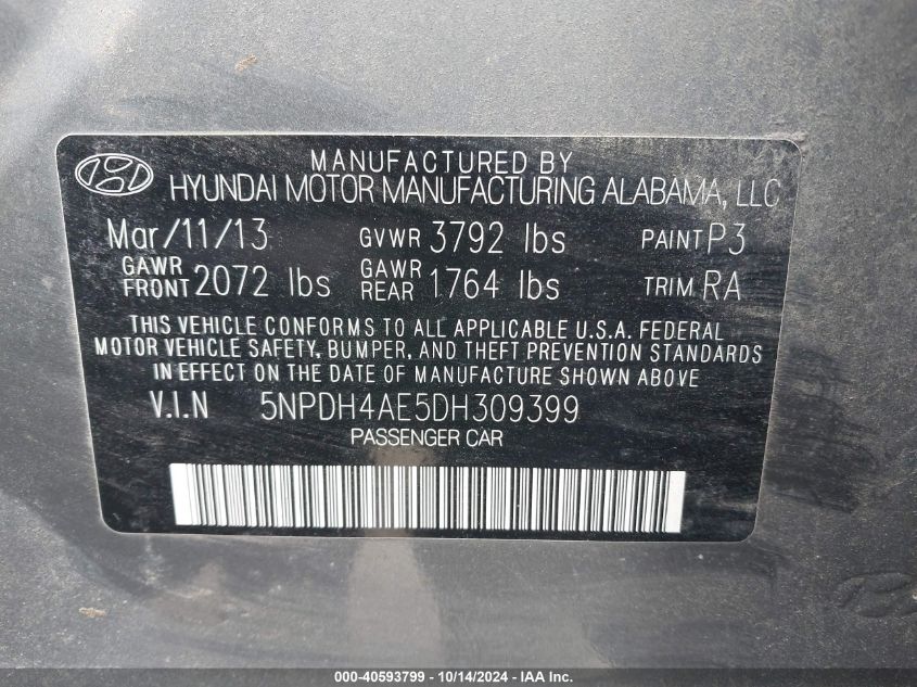 2013 Hyundai Elantra Gls VIN: 5NPDH4AE5DH309399 Lot: 40593799