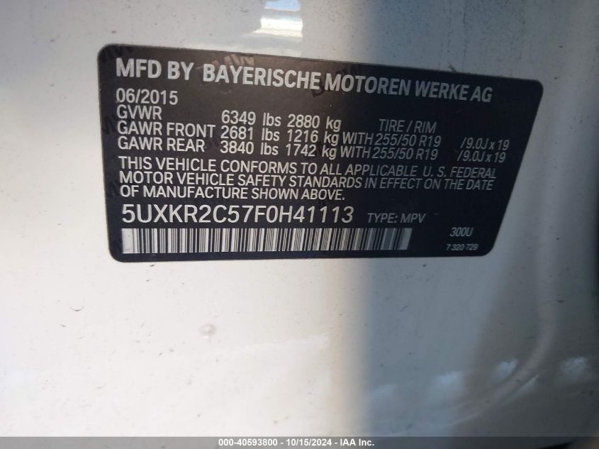 2015 BMW X5 Sdrive35I VIN: 5UXKR2C57F0H41113 Lot: 40593800
