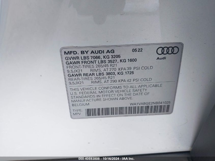 2022 Audi E-Tron Chronos Quattro VIN: WA1VABGE2NB041025 Lot: 40593808