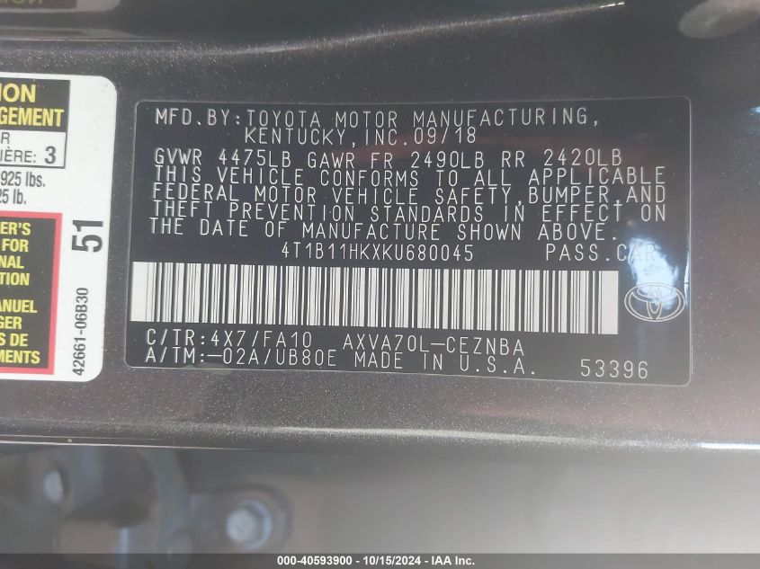 VIN 4T1B11HKXKU680045 2019 TOYOTA CAMRY no.9