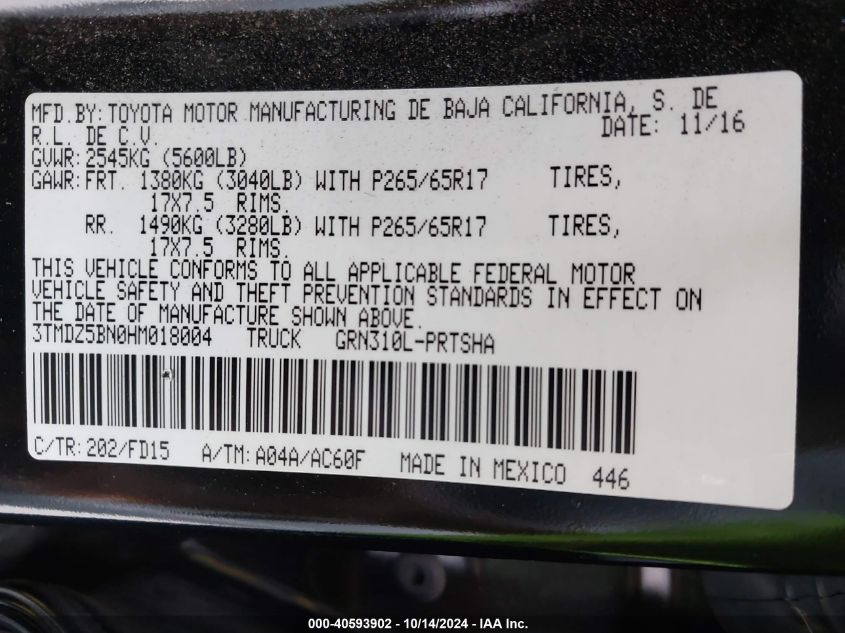 2017 Toyota Tacoma Trd Sport VIN: 3TMDZ5BN0HM018004 Lot: 40593902