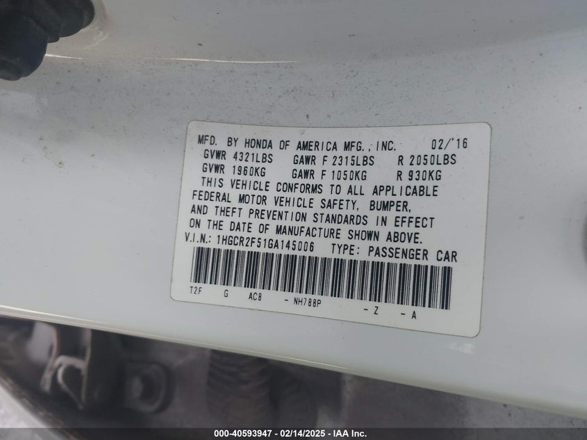 2016 HONDA ACCORD VIN: 1HGCR2F51GA145006