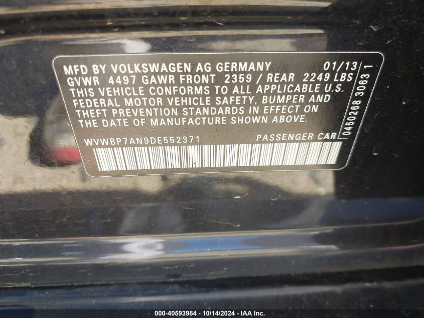 2013 Volkswagen Cc 2.0T Sport VIN: WVWBP7AN9DE552371 Lot: 40593984