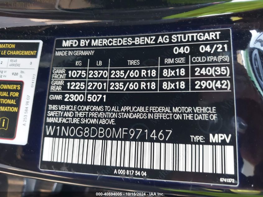 2021 MERCEDES-BENZ GLC 300 SUV - W1N0G8DB0MF971467