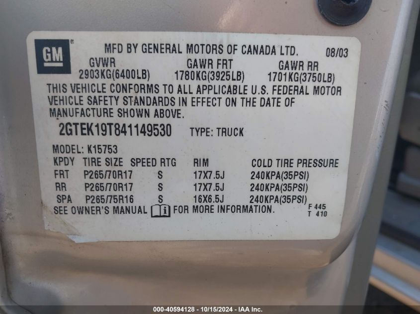 2004 GMC Sierra 1500 Sle VIN: 2GTEK19T841149530 Lot: 40594128
