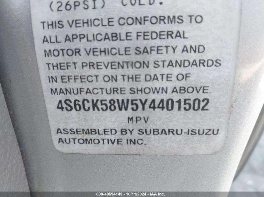 2000 Honda Passport Ex/Lx VIN: 4S6CK58W5Y4401502 Lot: 40594149