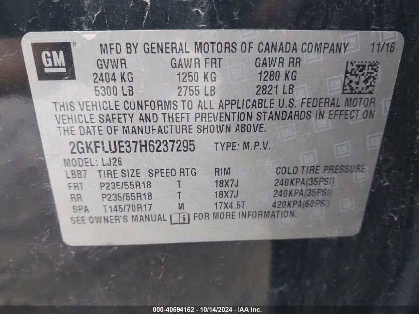 2017 GMC Terrain Slt VIN: 2GKFLUE37H6237295 Lot: 40594152