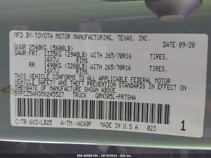 2021 Toyota Tacoma Trd Pro VIN: 5TFCZ5AN3MX245527 Lot: 40594154