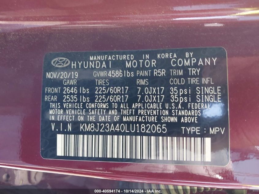 VIN KM8J23A40LU182065 2020 Hyundai Tucson, SE no.9