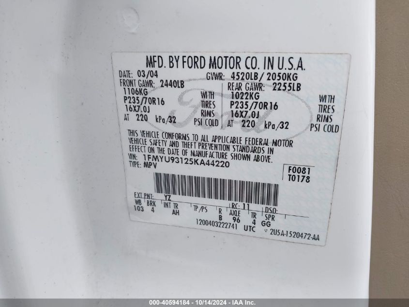 2005 Ford Escape Xlt VIN: 1FMYU93125KA44220 Lot: 40594184