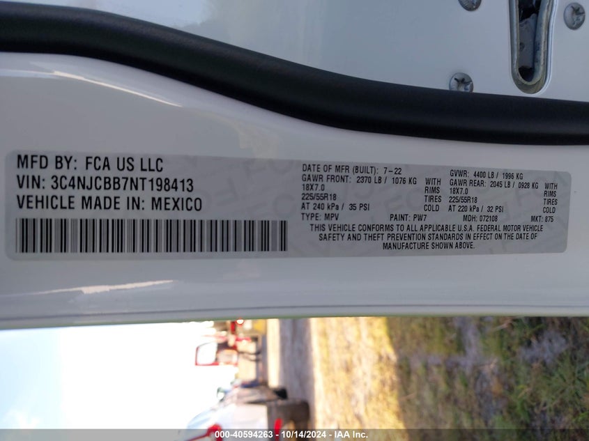 VIN 3C4NJCBB7NT198413 2022 JEEP COMPASS ALTITUDE FWD