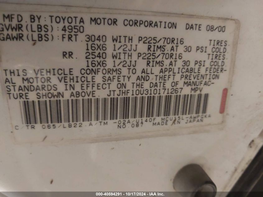 2001 Lexus Rx 300 VIN: JTJHF10U310171267 Lot: 40594291