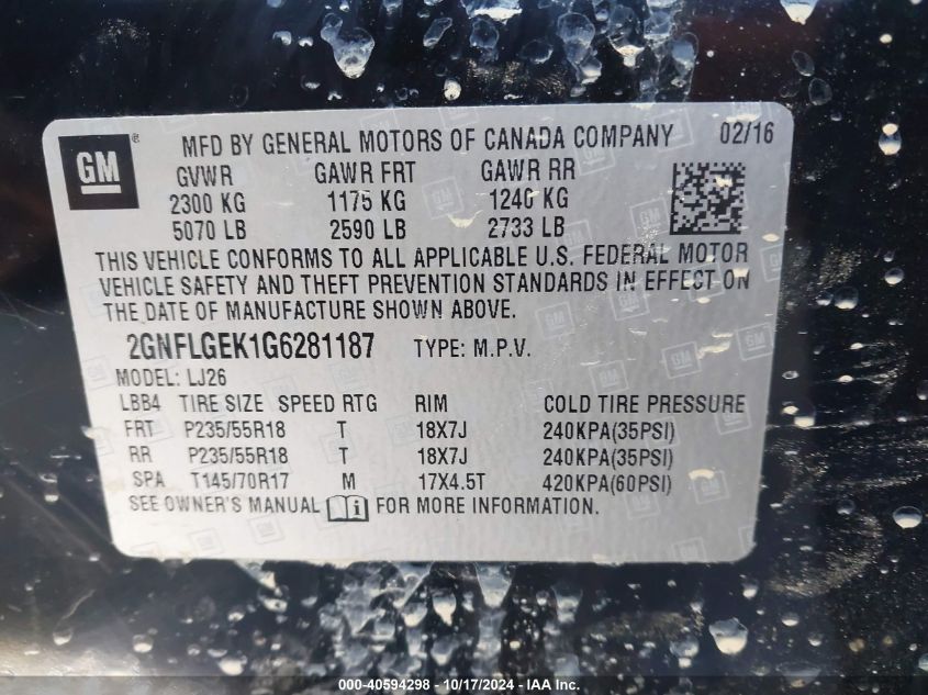 2016 Chevrolet Equinox Ltz VIN: 2GNFLGEK1G6281187 Lot: 40594298