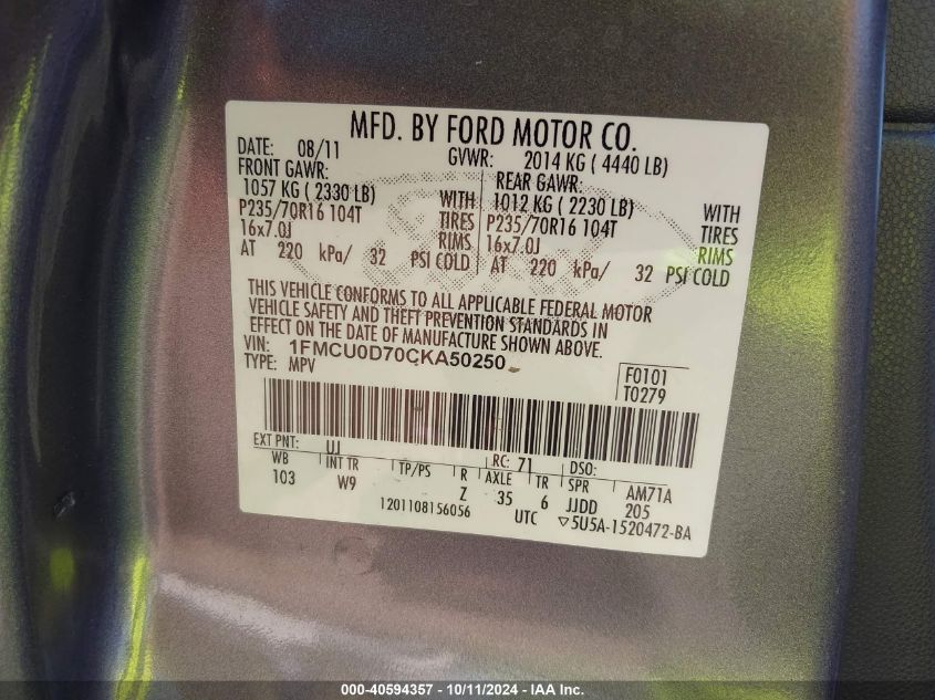 1FMCU0D70CKA50250 2012 Ford Escape Xlt