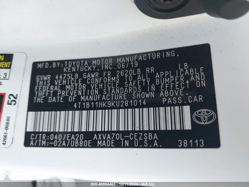 4T1B11HK9KU281014 2019 Toyota Camry Se