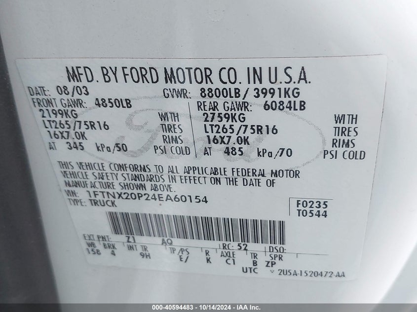 2004 Ford F-250 Lariat/Xl/Xlt VIN: 1FTNX20P24EA60154 Lot: 40594483