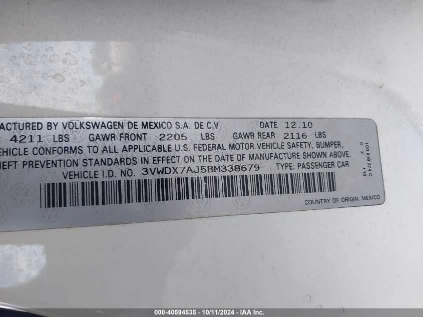 3VWDX7AJ5BM338679 2011 Volkswagen Jetta 2.5L Se