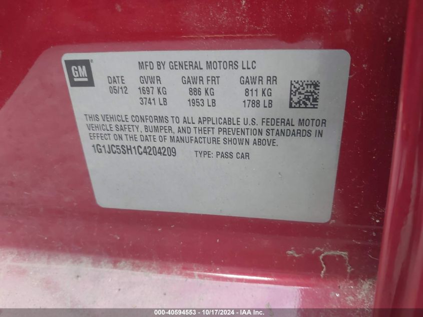 2012 Chevrolet Sonic Lt VIN: 1G1JC5SH1C4204209 Lot: 40594553