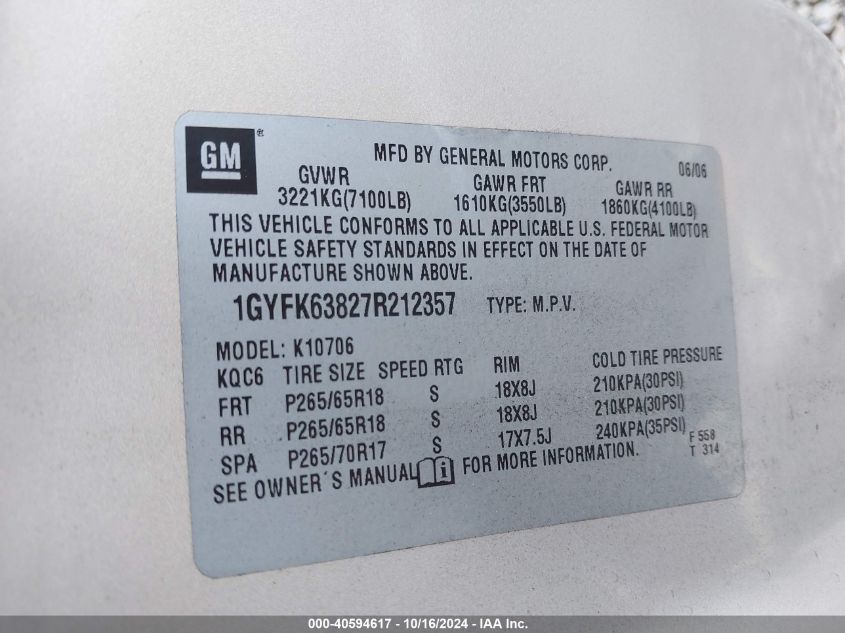 2007 Cadillac Escalade Standard VIN: 1GYFK63827R212357 Lot: 40594617