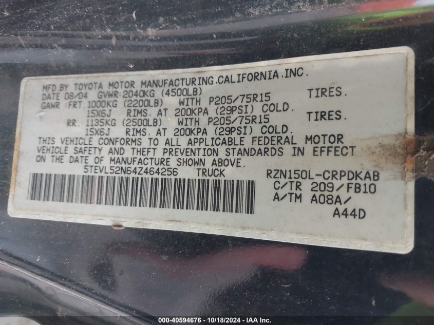2004 Toyota Tacoma VIN: 5TEVL52N64Z464256 Lot: 40594676