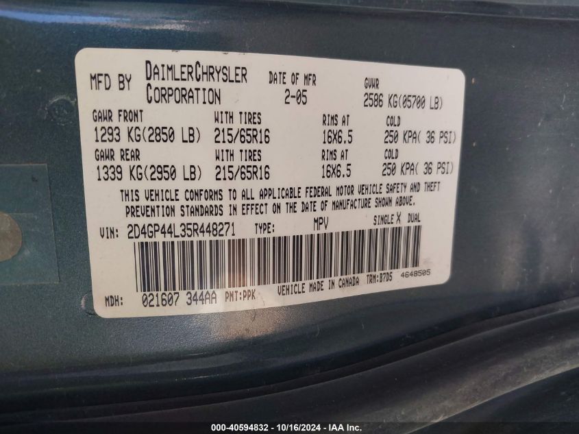 2005 Dodge Grand Caravan Sxt VIN: 2D4GP44L35R448271 Lot: 40594832