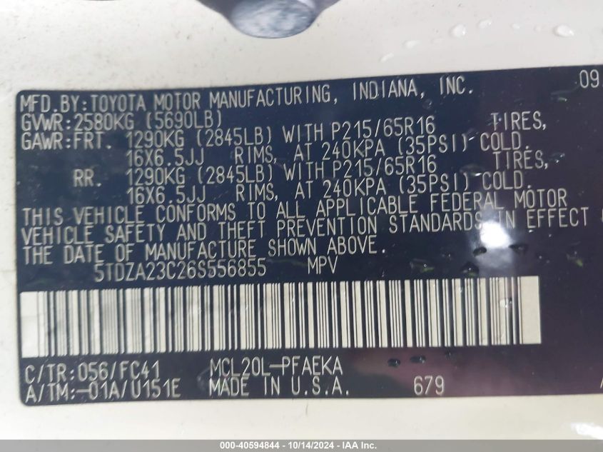 2006 Toyota Sienna Le VIN: 5TDZA23C26S556855 Lot: 40594844