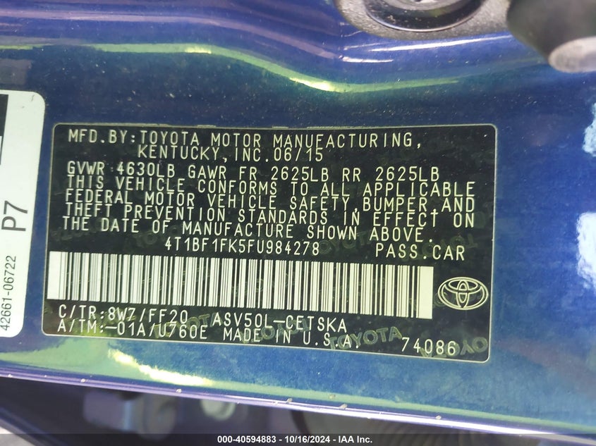 2015 TOYOTA CAMRY VIN: 4T1BF1FK5FU984278